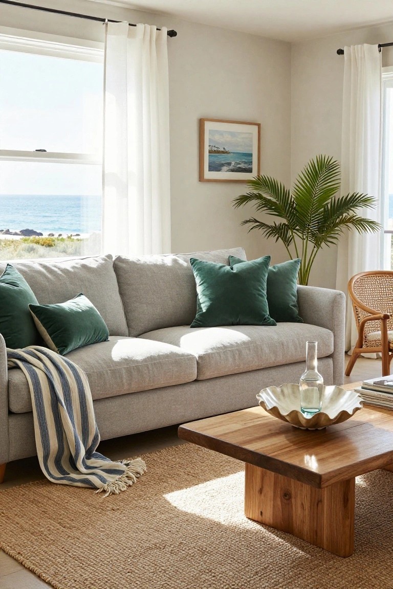 Light grey linen sofa with emerald green velvet throw pillows, striped throw blanket draped over arm, wooden coffee table holding shell dish and vase, rattan chair, potted palm, and ocean view through sheer-curtained windows in sunlit living room.
