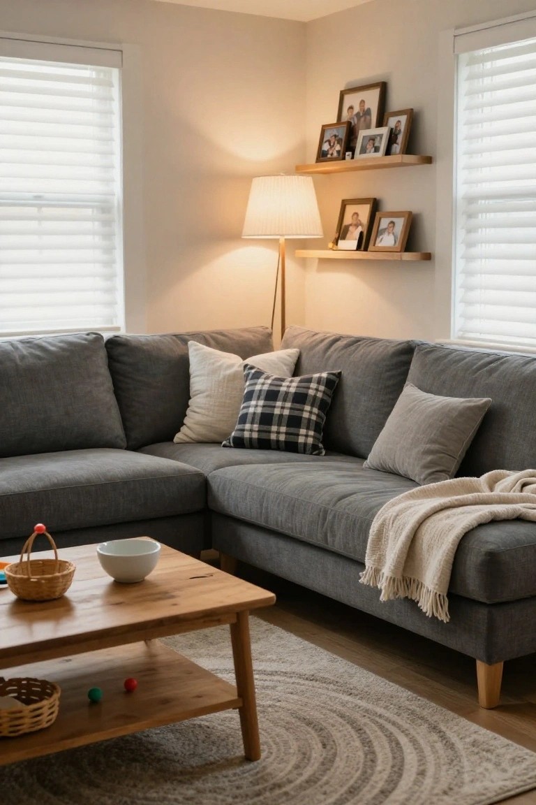 Cozy gray sectional sofa with wooden coffee table and framed photos.