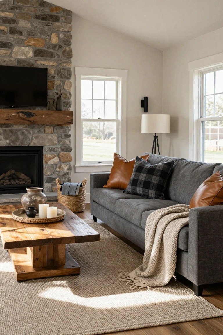 A grey sectional sofa with brown leather and black-and-white plaid throw pillows sits in a living room with a stone fireplace, wooden coffee table, woven basket, and large windows.