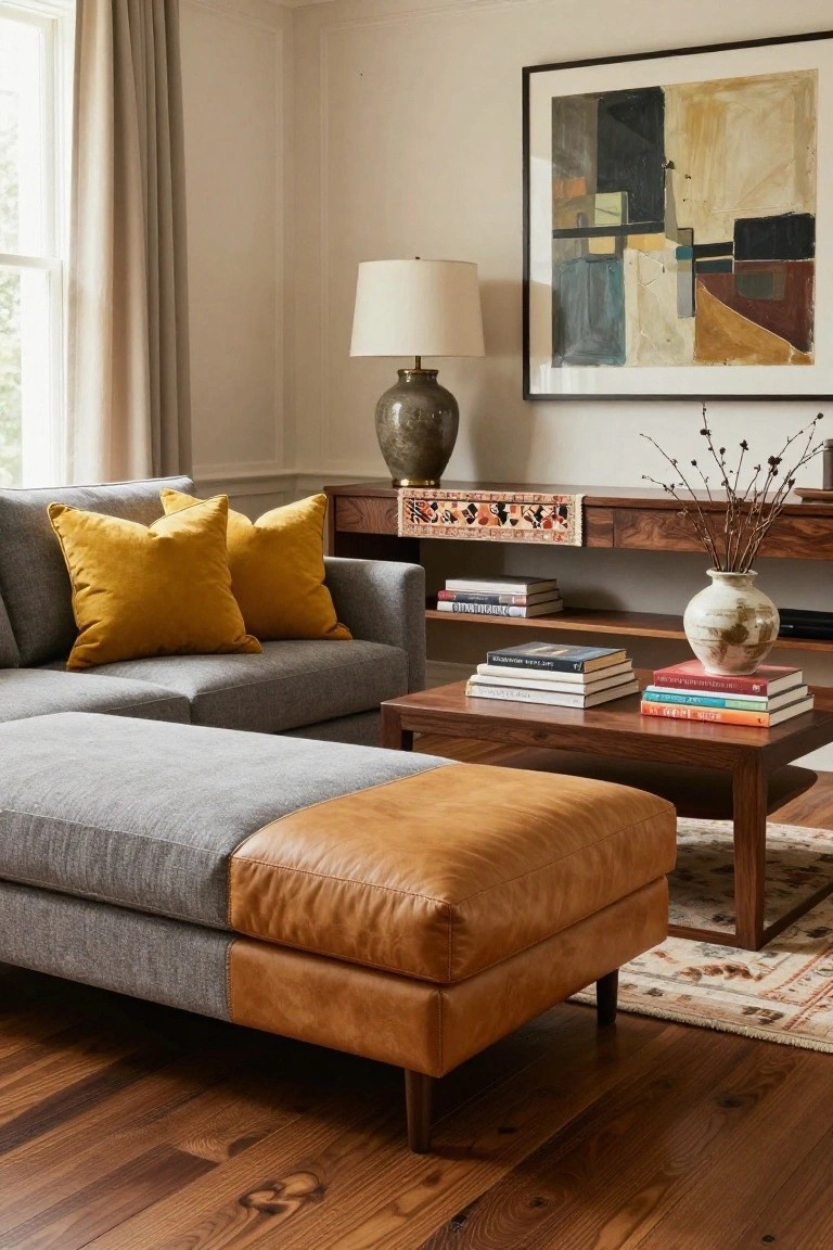 Grey L-shaped sectional sofa with multiple mustard yellow throw pillows, wooden coffee table stacked with books, console table with vase and lamp, abstract painting on wall, in a light-filled room with hardwood floors.