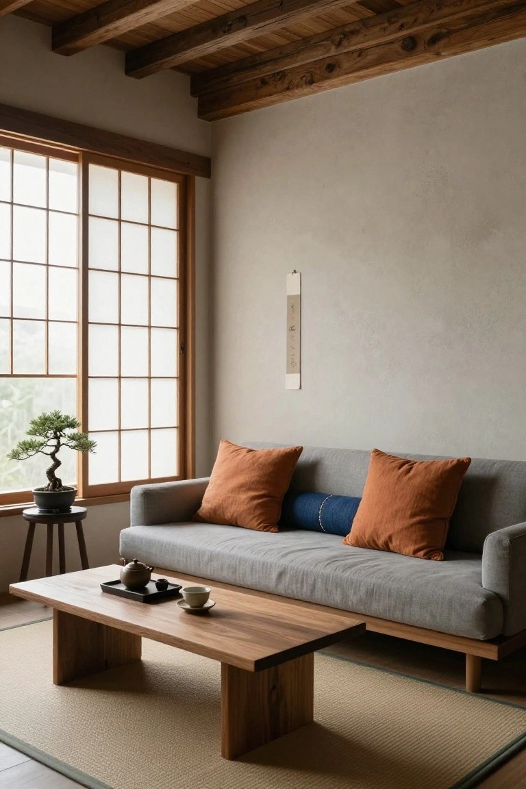 A low grey sofa with orange throw pillows and one blue pillow sits in a minimalist room with shoji screens, a bonsai tree on a stand, wooden low table with teapot, and tatami-style rug.
