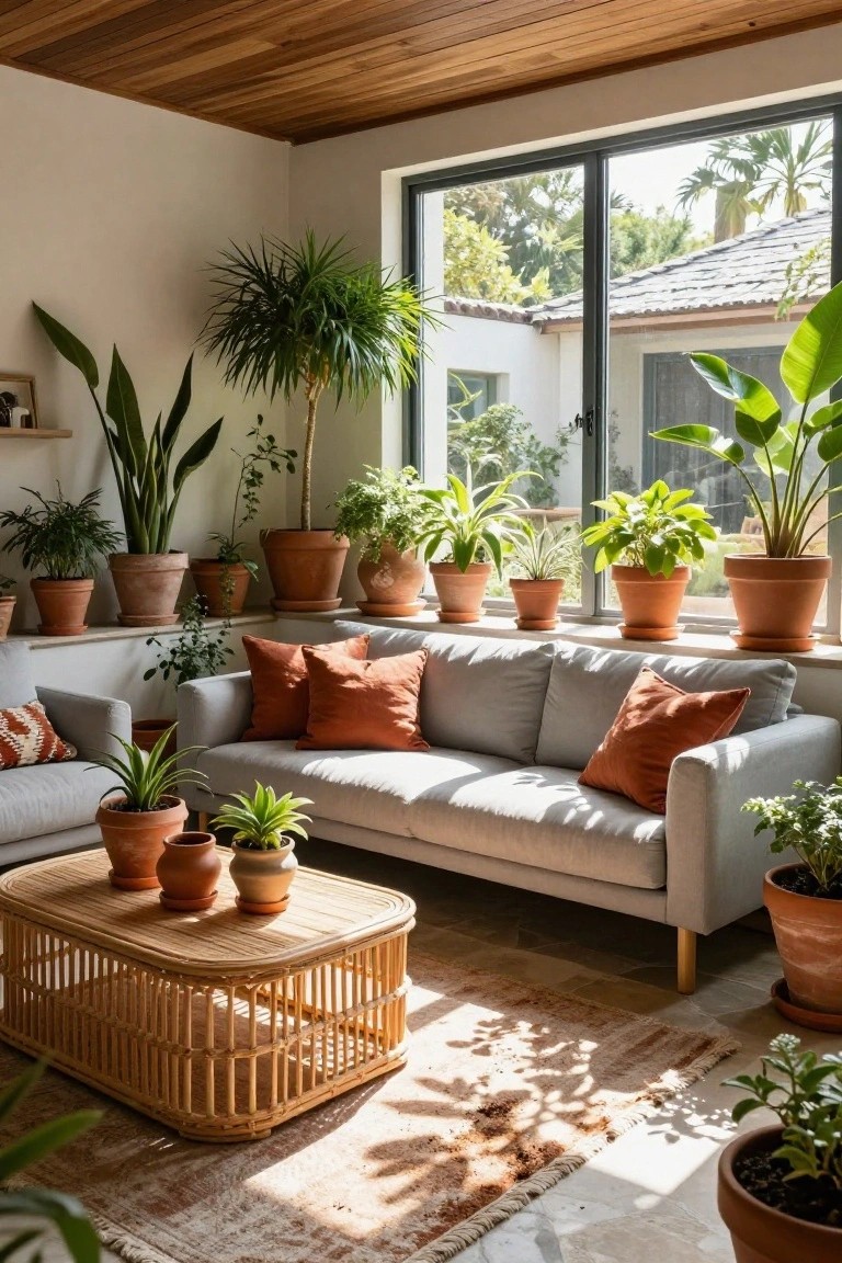 Sunlit living room with gray sofa, terracotta pots, and plants.