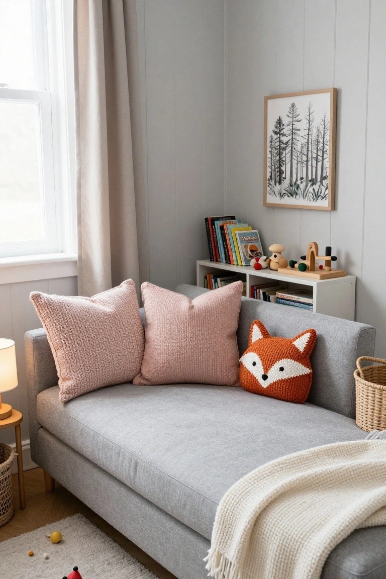 Grey loveseat sofa with pink knit throw pillows, orange knit fox pillow, white throw blanket, side table with lamp, bookshelves stocked with colorful books and wooden toys in a light gray paneled room with beige curtains and a white rug.