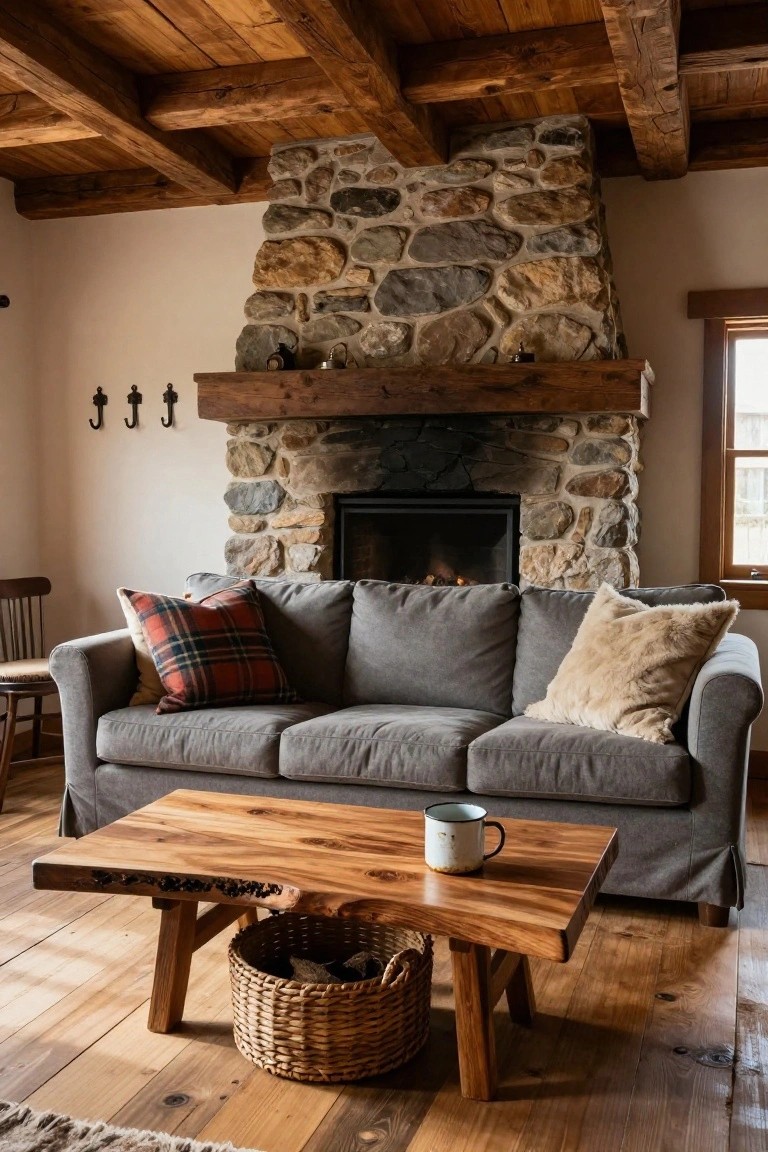 Gray slipcovered sofa with red plaid and cream shearling throw pillows in a rustic living room featuring a stone fireplace, wooden beamed ceiling, live-edge coffee table, and wooden floors.