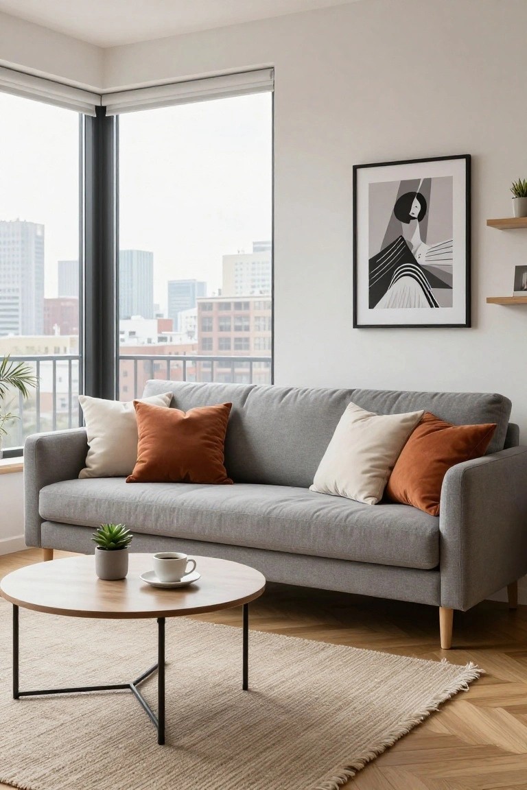 Light grey sofa with cream and rust throw pillows in a bright living room featuring large windows with city view, wooden coffee table holding plants and teacup, beige rug, and wall art.