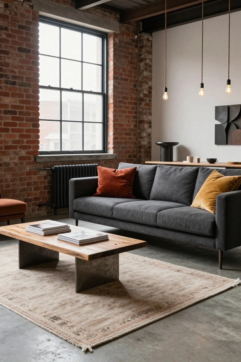 Industrial living room with exposed brick walls, large windows, grey sofa with orange and yellow velvet throw pillows, wooden coffee table on beige rug, and concrete floor.