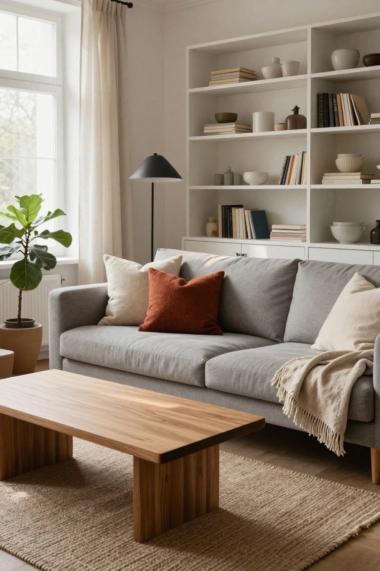 Light grey three-seater sofa with cream and rust throw pillows, light throw blanket, wooden coffee table, seagrass rug, fiddle leaf fig plant, and white built-in bookshelves in a bright living room.