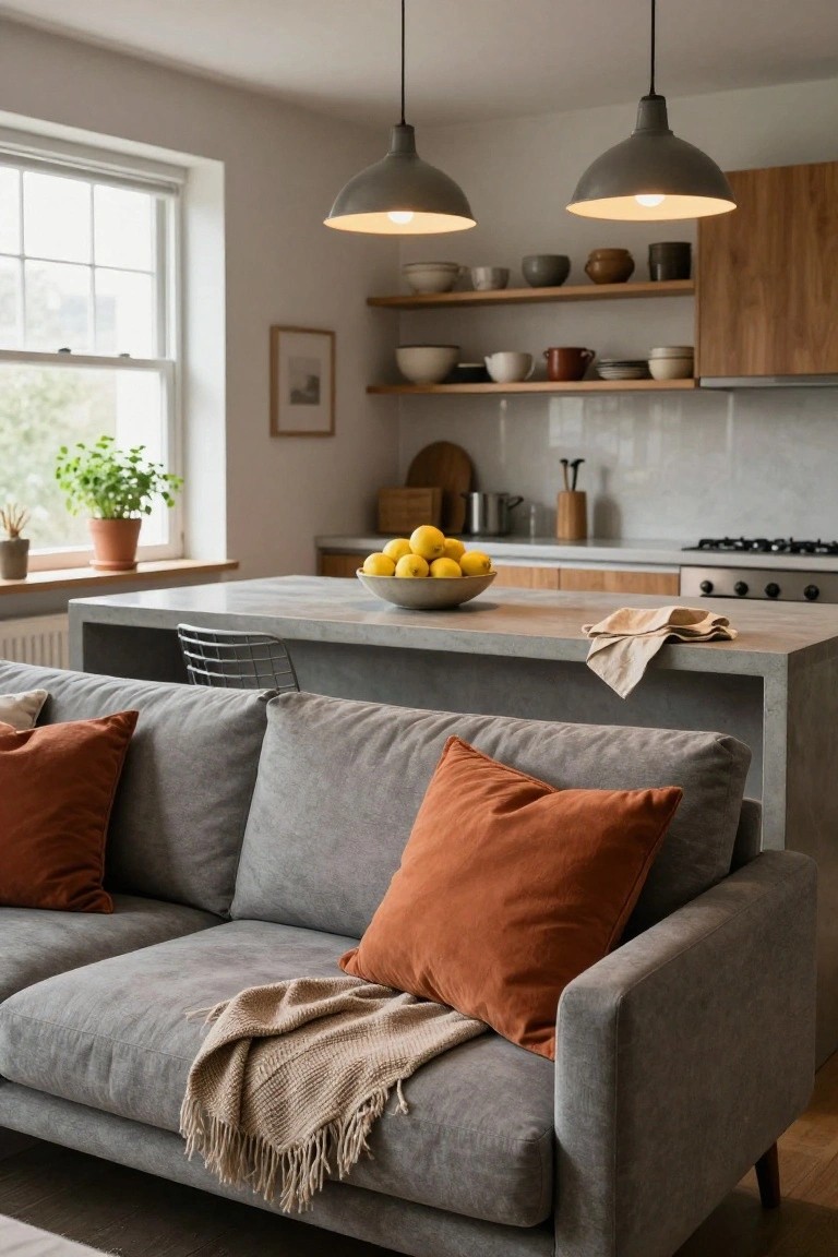 Grey fabric sofa with orange terracotta throw pillows and a beige knit throw blanket, positioned next to a concrete kitchen island holding a bowl of lemons, in a modern kitchen-living space with wooden cabinets, pendant lights, and large windows.
