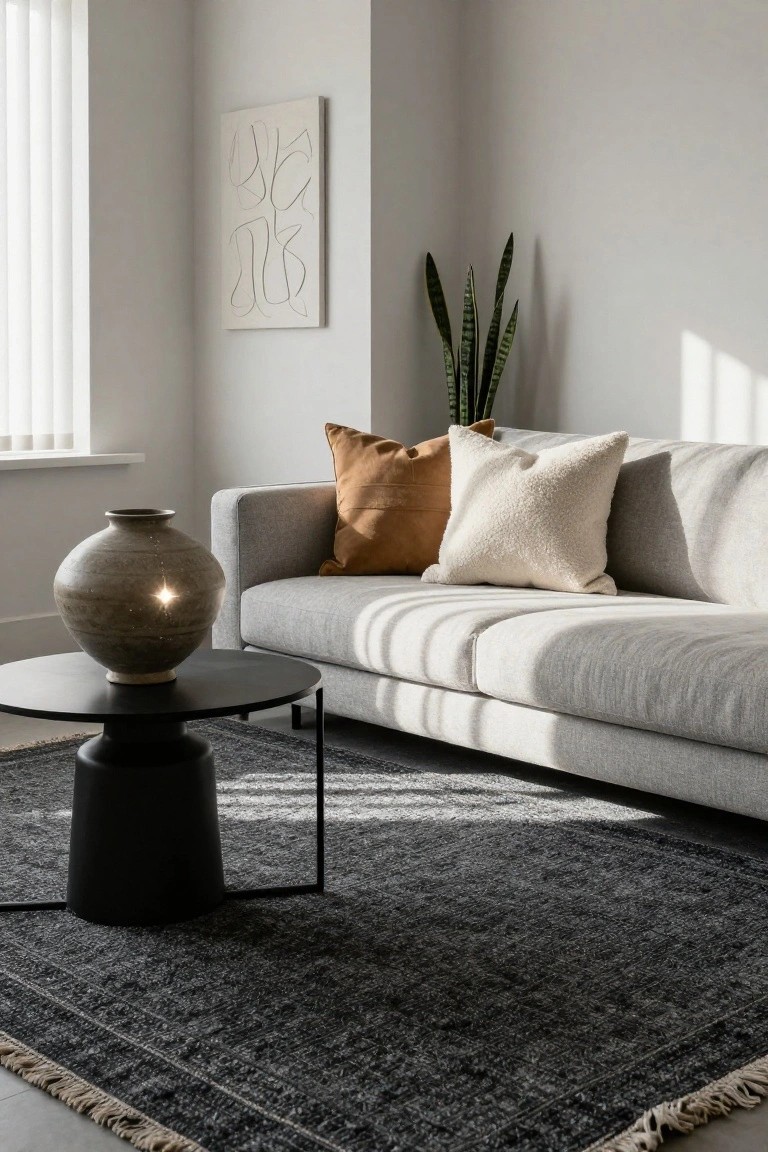 Light gray upholstered sofa with terracotta and cream throw pillows, black round side table with pedestal base holding textured gray vase, dark woven rug, snake plant, and abstract line drawing on wall in sunlit room with blinds.