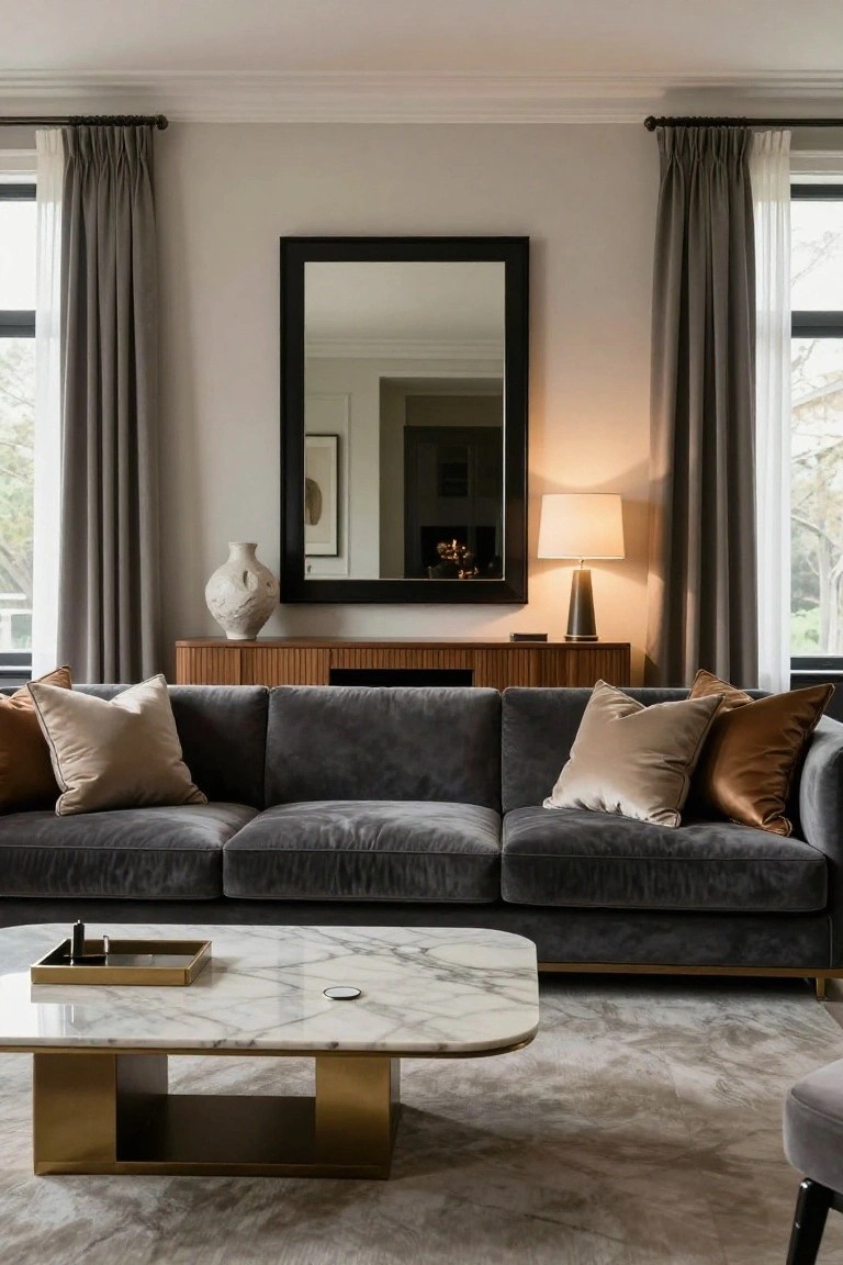 Modern living room interior with a dark grey velvet three-seater sofa topped with cream, beige, and terracotta throw pillows, a low marble and brass coffee table, wooden credenza, large black-framed mirror, ceramic vase, table lamp, and large windows with grey curtains.