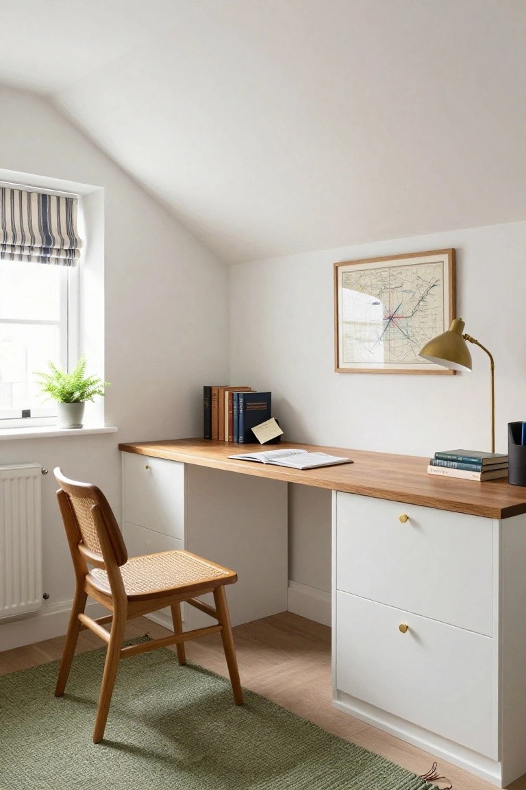 Attic home office featuring a built-in wooden-top desk with white cabinets under a sloped white ceiling, rattan chair, books, desk lamp, potted fern by window with blue-striped blind, and framed map on wall.