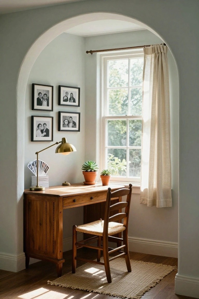 Arched alcove with light blue walls containing a wooden desk, rattan chair, brass lamp, potted succulents, fan of photos, stack of papers, and four black-framed family photos next to a tall window with white linen curtain.