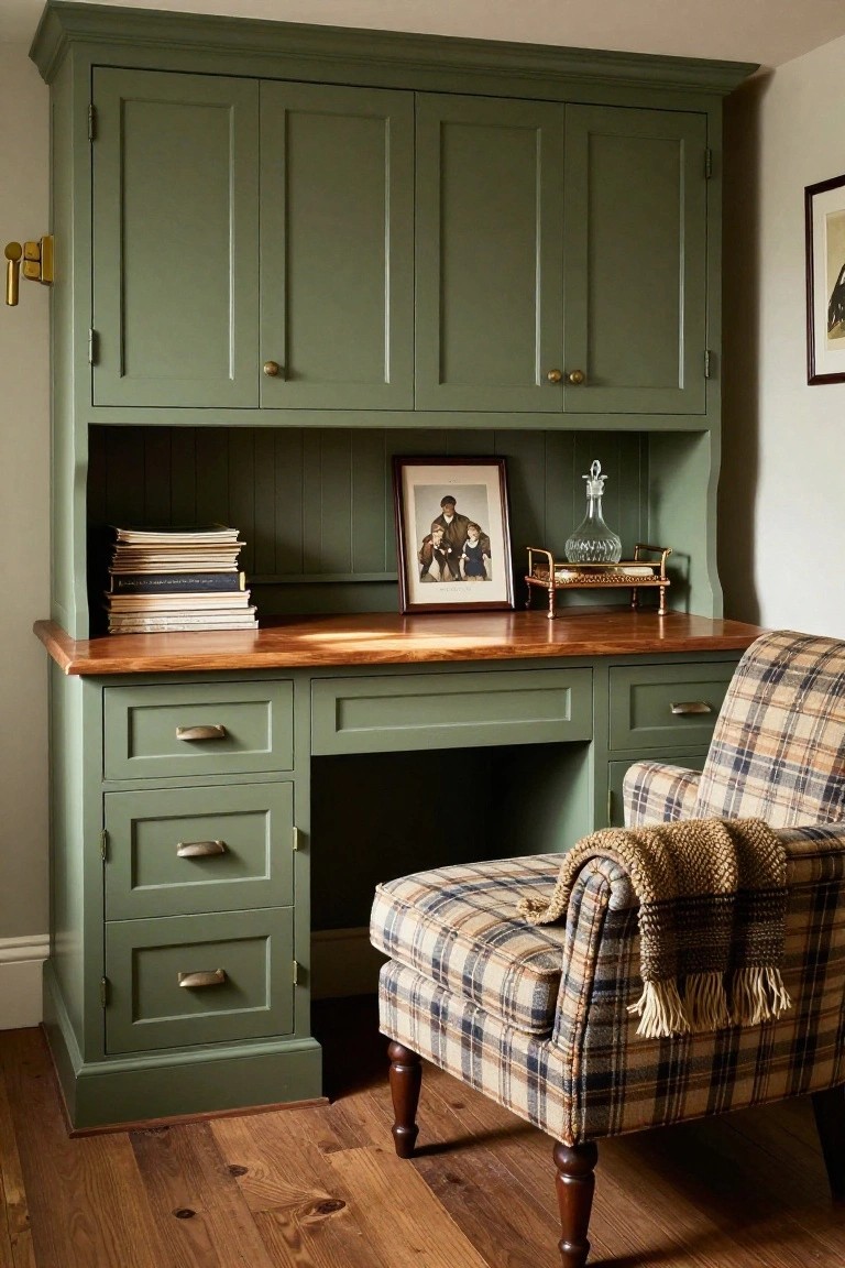 Green painted wooden built-in desk with hutch, brass hardware, wood desktop, stacked books and decanter on shelves, family portrait frame, and plaid upholstered armchair beside it on hardwood floor.
