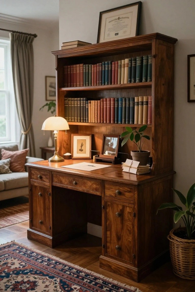Wooden desk with integrated bookcases above it in a home office, including a lamp, stacked papers, framed art, and potted plants nearby.