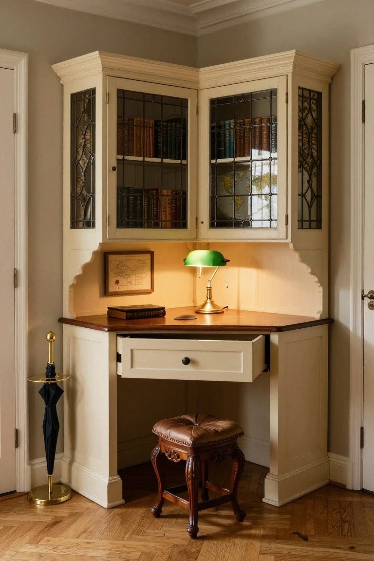 Corner desk with open drawer, bookshelves, green lamp, and stool.