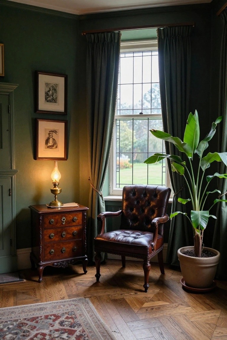 Corner of a dark green-walled room with wooden chest of drawers holding a brass oil lamp, tufted brown leather armchair, large potted banana plant, framed artwork, and tall curtained window showing garden view.