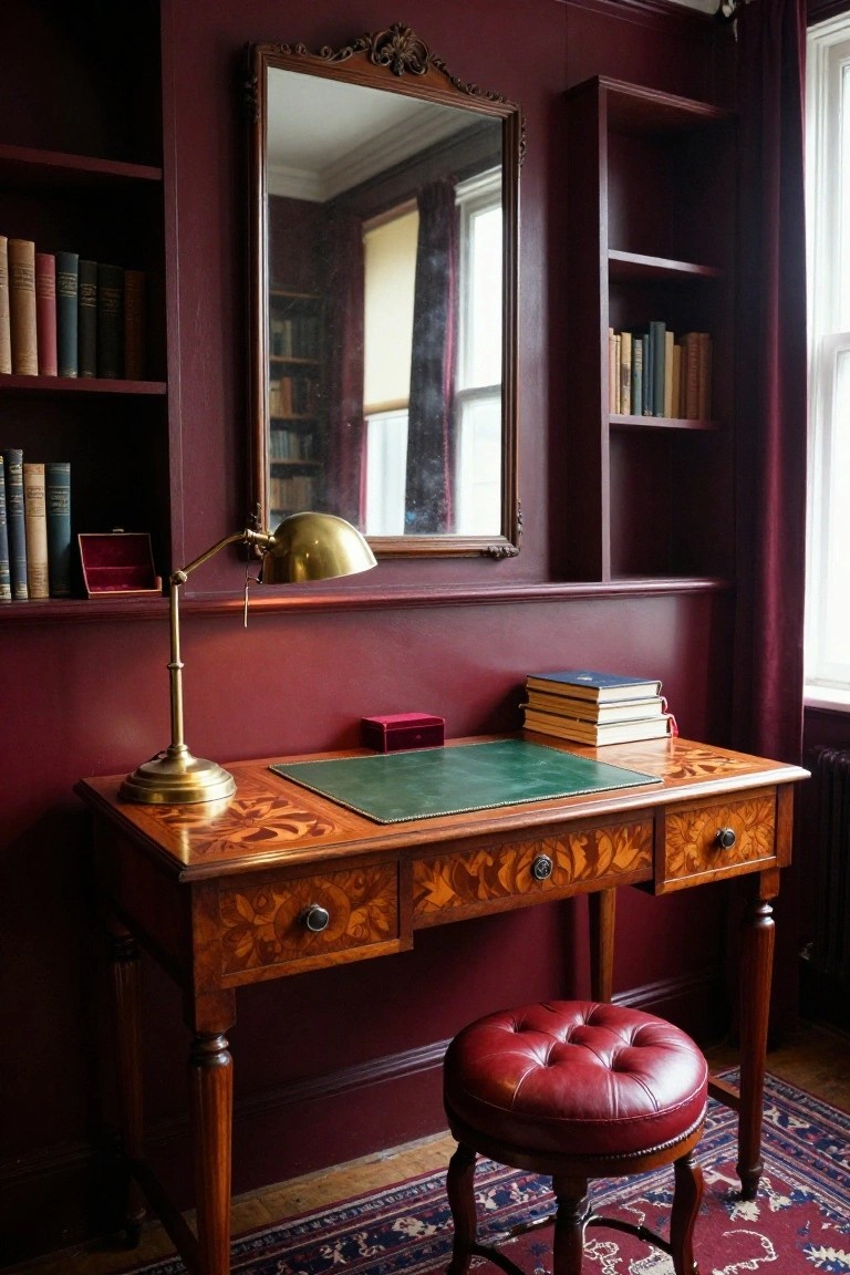 A traditional home office with deep maroon walls, wooden bookshelves, antique marquetry desk, brass banker's lamp, ornate mirror, and red leather stool on a patterned rug.