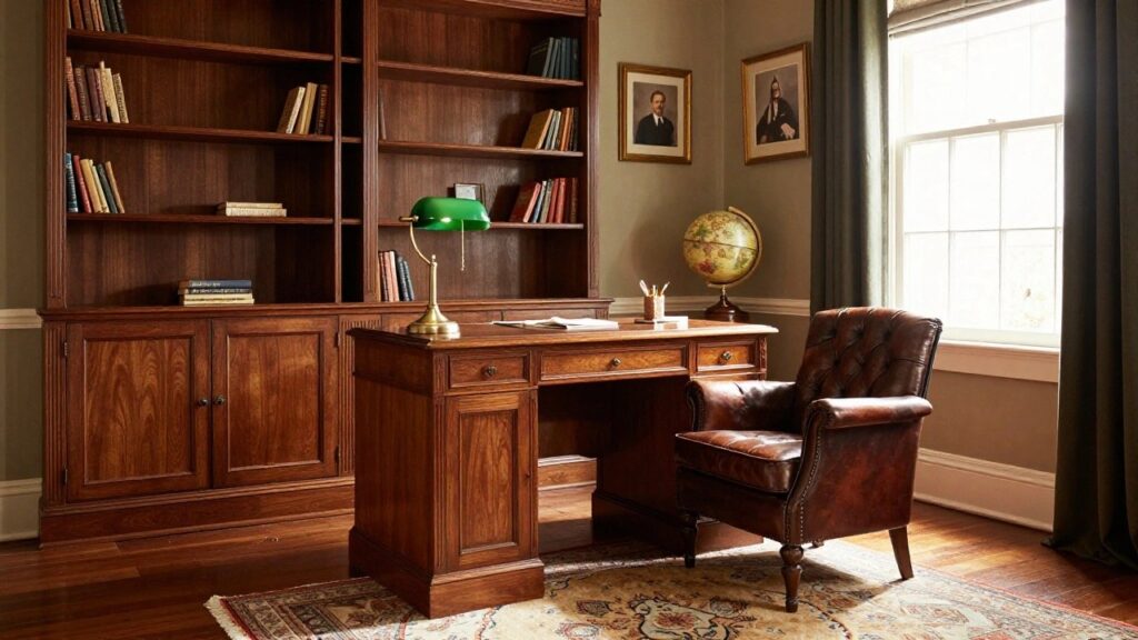 A traditional wood-paneled home office with built-in bookshelves on the walls, a wooden desk with green banker's lamp and leather chair, globe, portrait paintings, and oriental rug on hardwood floors.