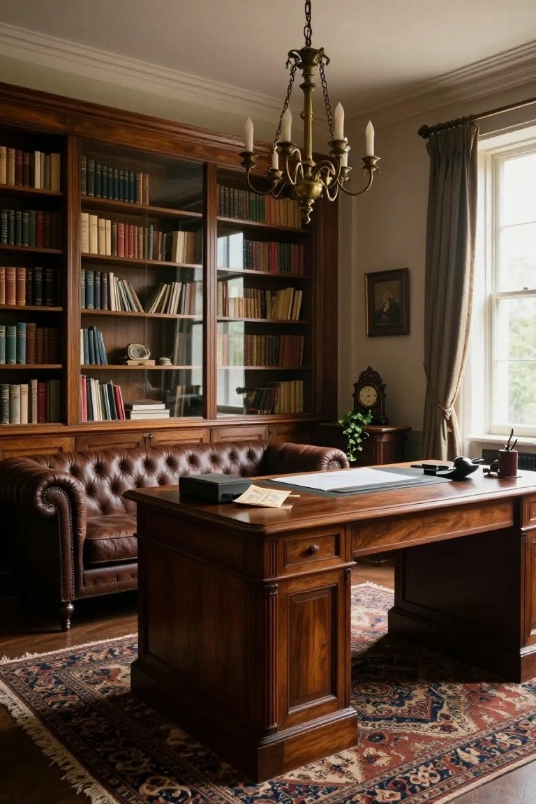 Traditional wood-paneled home office with floor-to-ceiling bookshelves filled with books, tufted leather sofa, large wooden desk, brass chandelier, clock, painting, and window with gray drapes.