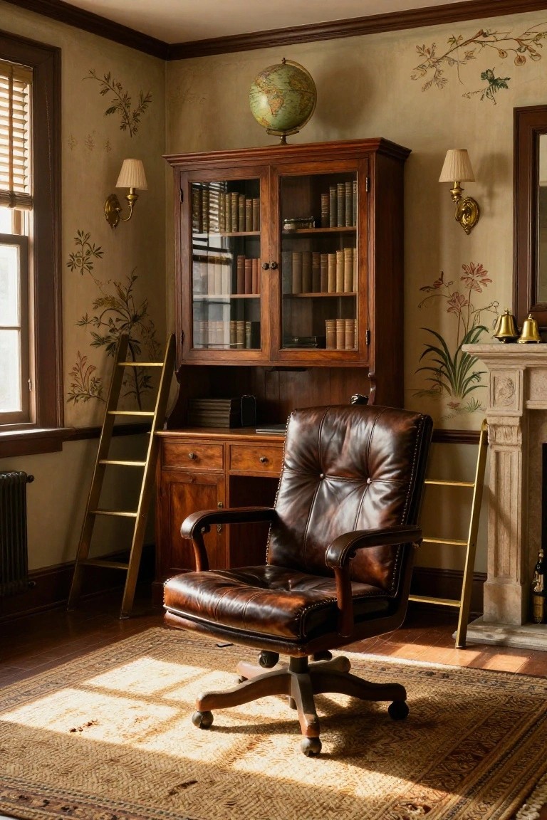 A traditional home office interior featuring a brown tufted leather swivel chair at a wooden desk, a tall wooden bookcase with glass doors filled with books and a globe on top, a gold library ladder leaning nearby, floral wallpaper, wall lamps, and a patterned rug on the hardwood floor.