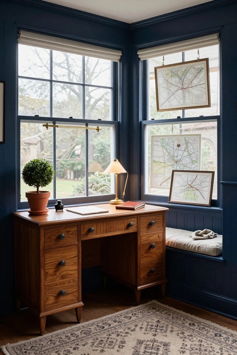 Corner home office with navy blue paneled walls, wooden desk by large multi-pane windows overlooking a garden, framed maps hanging near windows, table lamp, boxwood plant in terracotta pot, and built-in cushioned window seat.