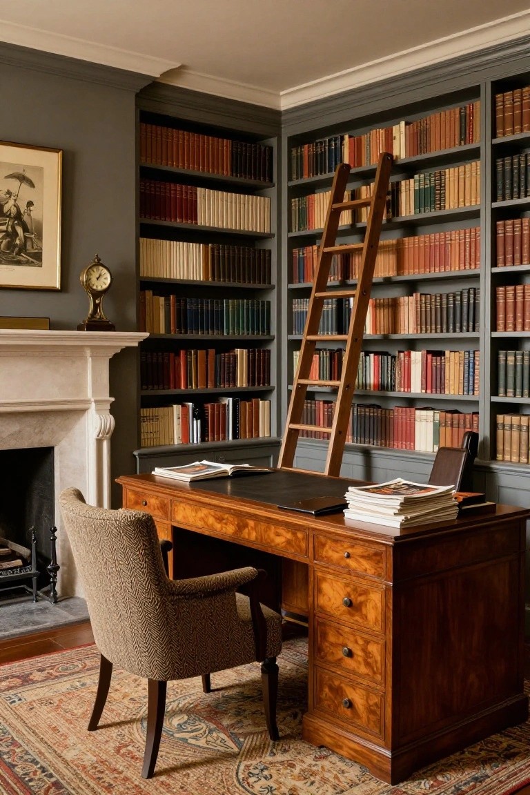 A traditional interior office with dark gray built-in bookshelves filled with multicolored books, a wooden rolling ladder against the shelves, a polished wooden desk with leather inset and stacked papers, a beige upholstered armchair, a marble fireplace, and an antique clock on a mantel.