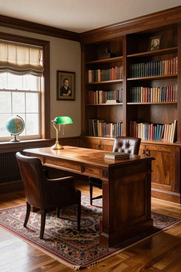 A traditional wood-paneled home office with built-in bookshelves on the walls, a wooden desk with green banker's lamp and leather chair, globe, portrait paintings, and oriental rug on hardwood floors.