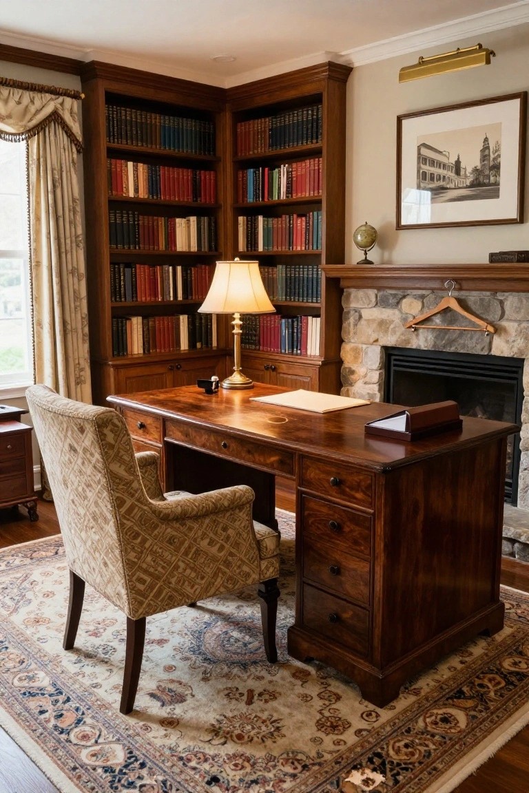 Traditional home office with wooden desk and chair, built-in bookshelves on two walls filled with books, stone fireplace, table lamp, and window with curtains.