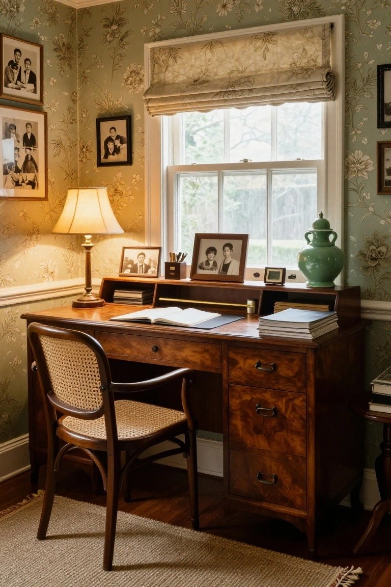 A cozy home office corner with a large wooden pedestal desk, rattan armchair, desk lamp, open book, stacked papers, family photos in frames on walls and desk, floral green wallpaper, and a window with blinds.