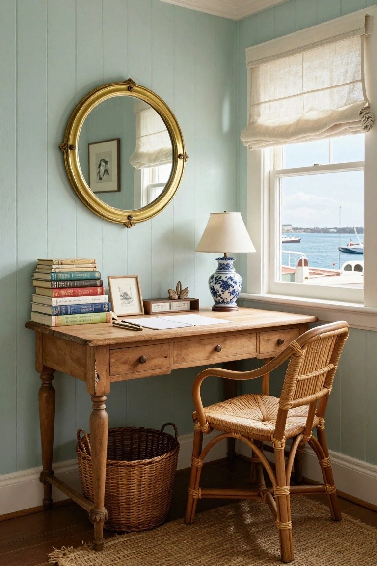 Pale blue vertical board walls in a corner office with wooden desk, rattan chair, blue vase lamp, stacked books, gold mirror, and window showing harbor view with boats.