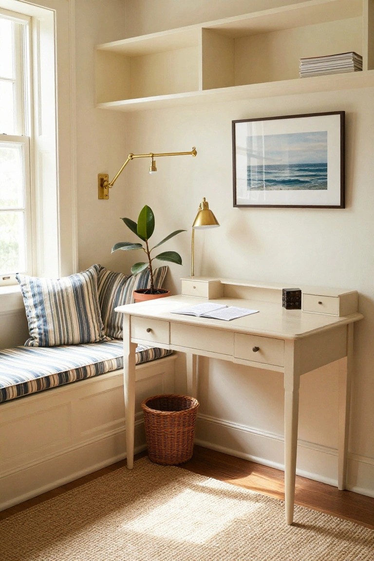 Cream desk with drawers next to a window seat with blue and white striped cushions in a light beige room with open shelves, gold wall lamp, potted plant, and seascape artwork.