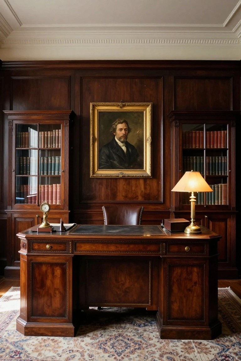 Wood-paneled home office with symmetrical built-in bookcases filled with books, large wooden desk, leather chair, brass lamp, desk clock, and framed portrait of a man on the central wall.