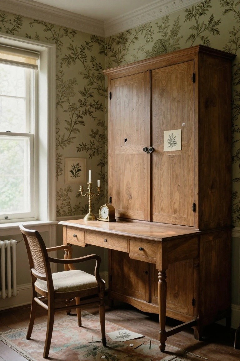 Corner of a traditional home office featuring a tall wooden armoire next to a wooden desk with drawers, a rattan armchair, botanical wallpaper on walls, a window with roller shade, and a radiator.