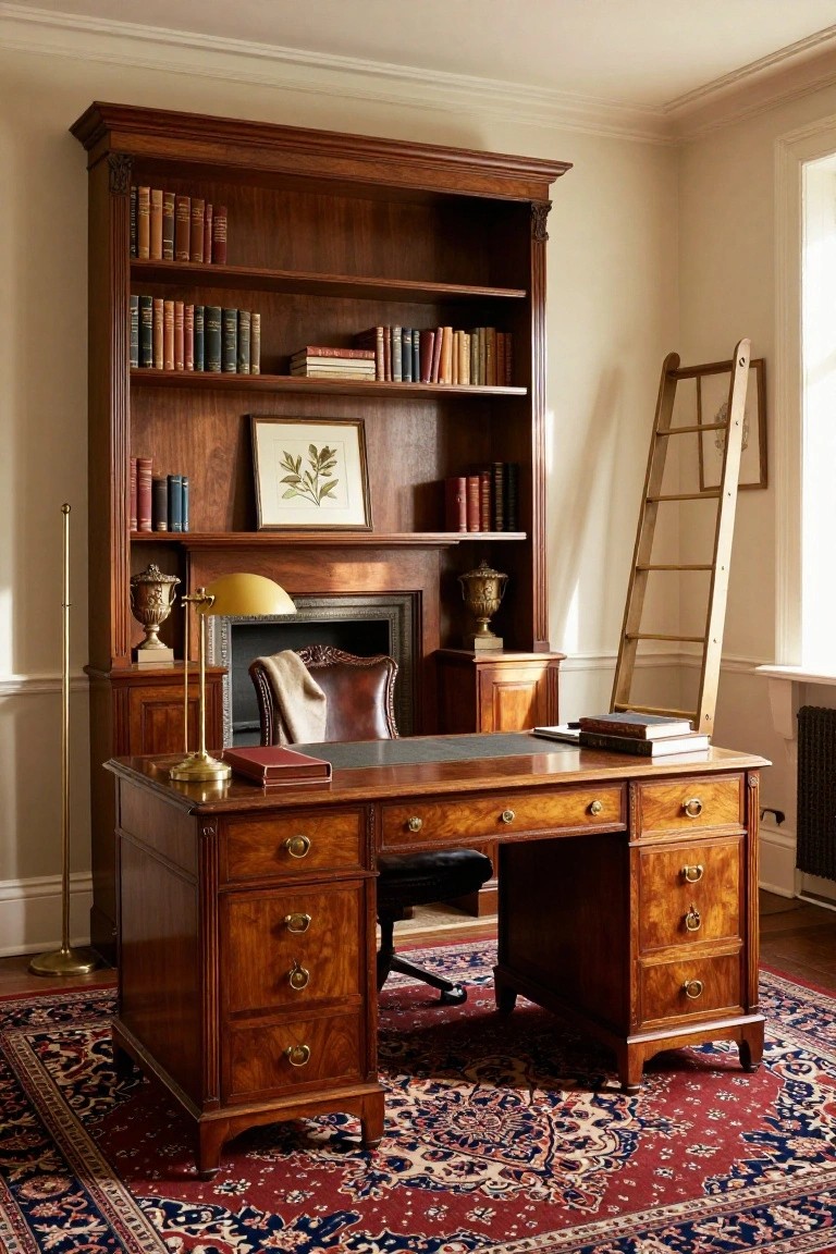 Traditional home office interior featuring a tall wooden bookcase with sliding ladder, antique desk with leather chair, fireplace, and brass lamp on a patterned rug.