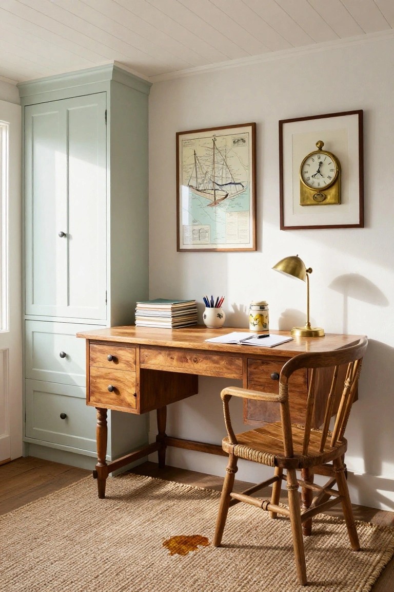 Home office interior with honey-toned wooden desk and drawers, rattan chair, pale green wardrobe, nautical map and brass clock on white wall, brass lamp, and seagrass rug on wood floor.
