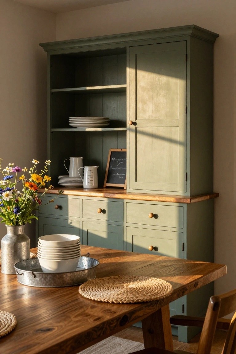 Sunlit green hutch with wooden table, flowers, and stacked dishes.