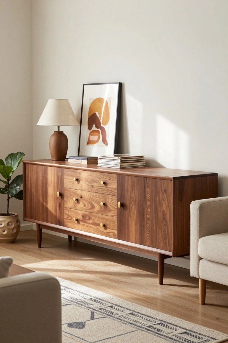 Mid-century walnut credenza with drawers, lamp, and abstract art.