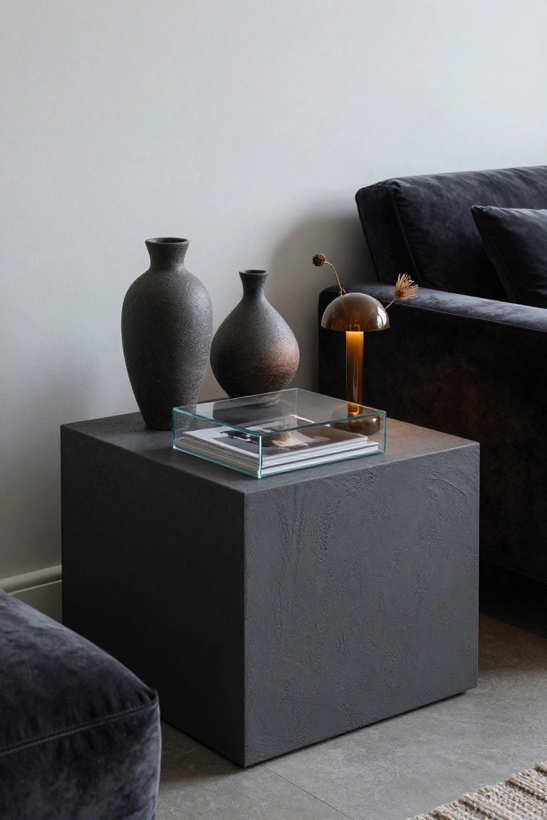 Modern dark gray side table with vases, lamp, and magazines.