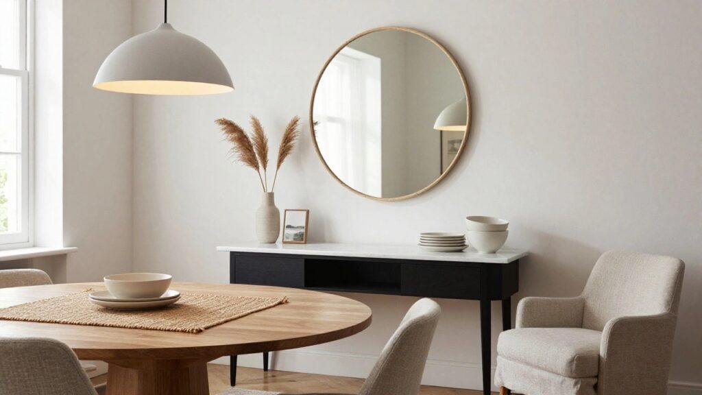 A modern dining room with a round marble table, four upholstered chairs, a wooden slatted sideboard, and a large round mirror hanging above it.