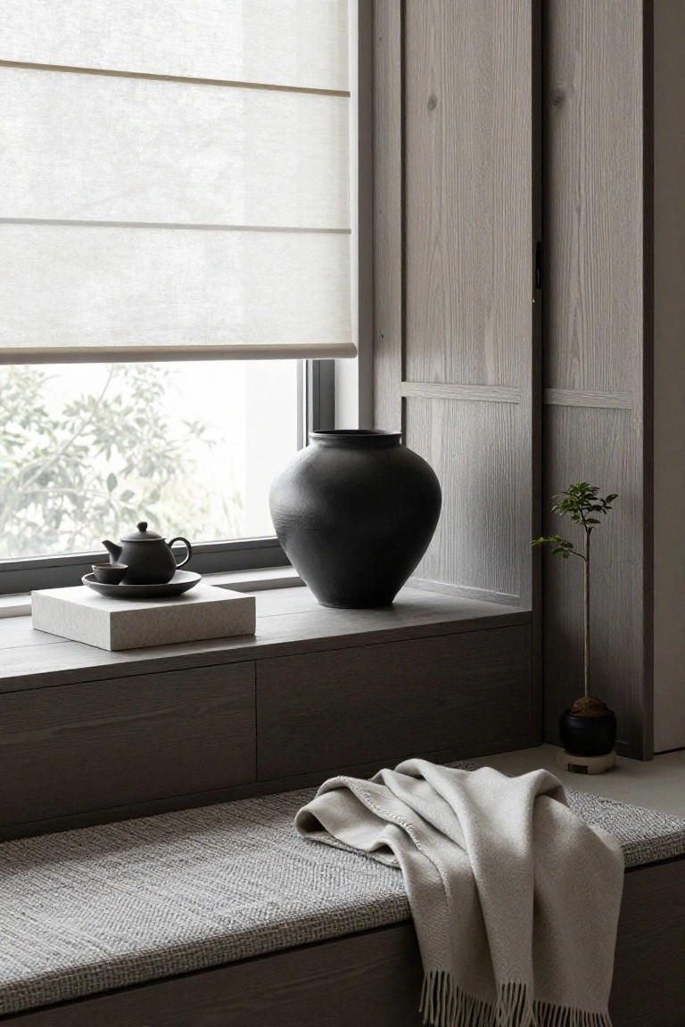 Minimalist Japanese-style window seat with dark vase and tea set.