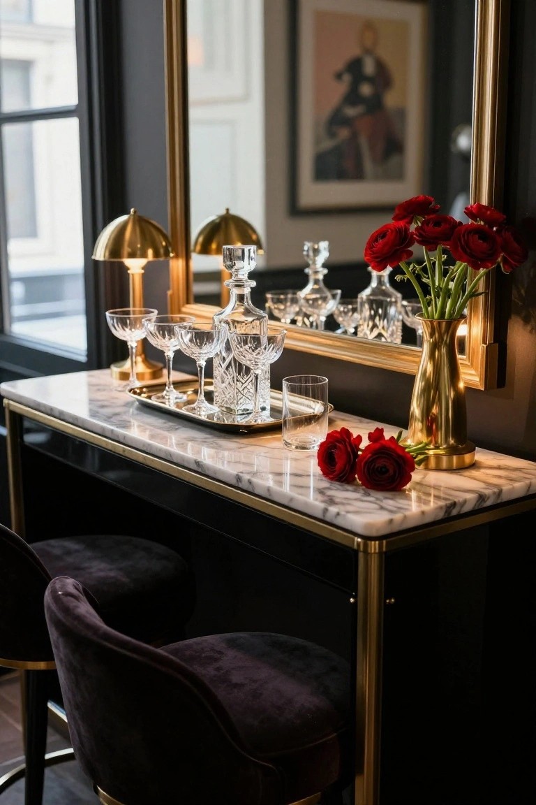 Elegant marble bar with gold accents, crystal decanters, red roses, and velvet stools.