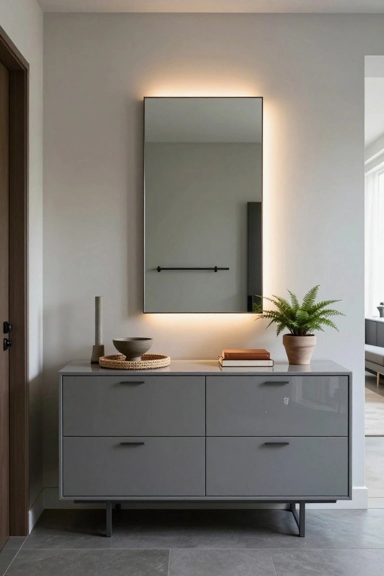 A gray modern sideboard with four drawers and a slim metal base sits below a large backlit mirror in a minimalist hallway.