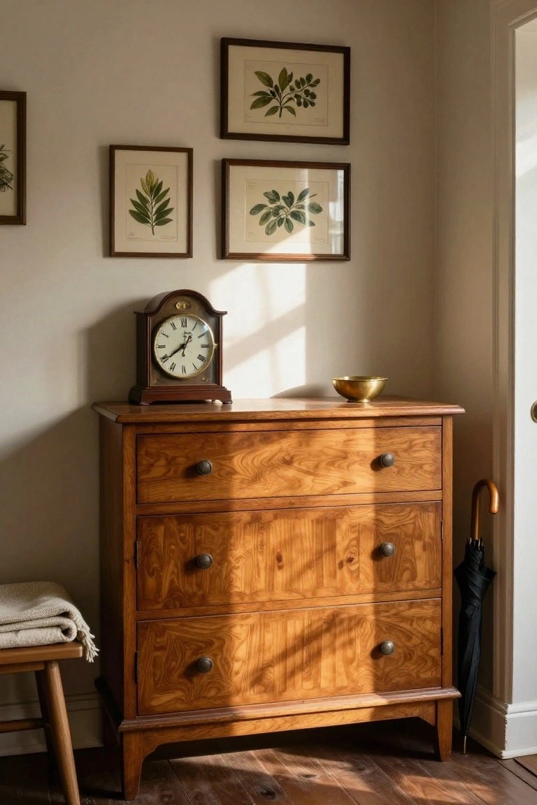 Wooden dresser with clock, framed botanical prints, and sunlight shadows.