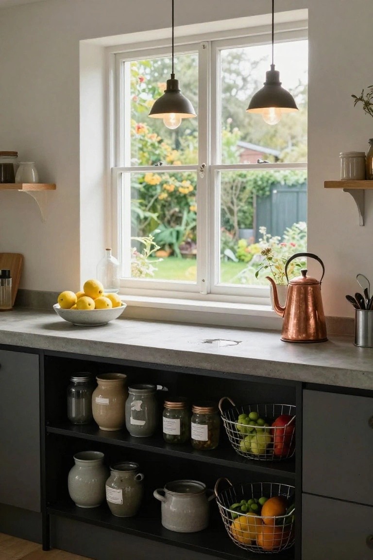 A modern kitchen counter with gray side cabinets and open black shelves holding ceramic vases, labeled jars, and wire baskets of fruit beneath a large window.