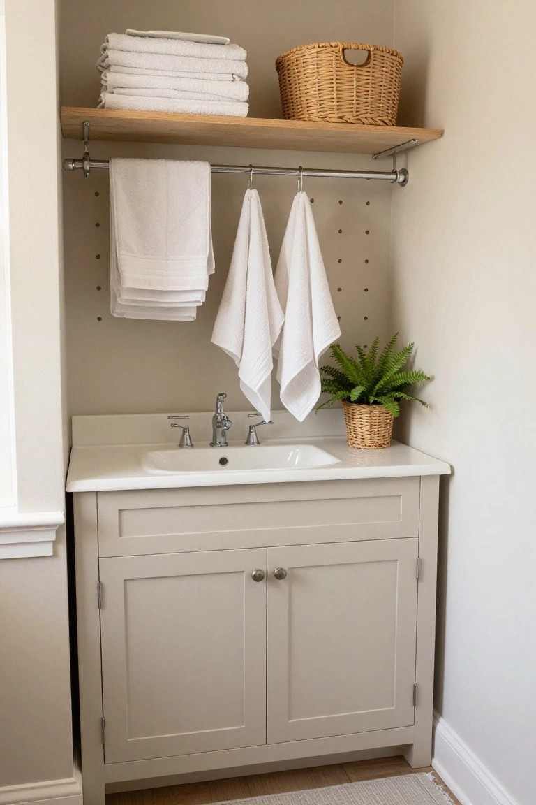 A bathroom vanity with a white sink on a light gray cabinet, towels on a metal rack and wooden shelf above, and a small fern in a basket on the counter.