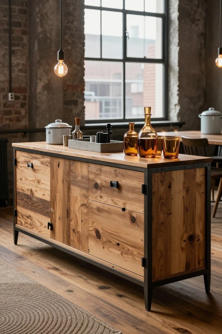 A long wooden sideboard with black metal frame and legs holds glass bottles and a tray in a room with brick walls and large windows.