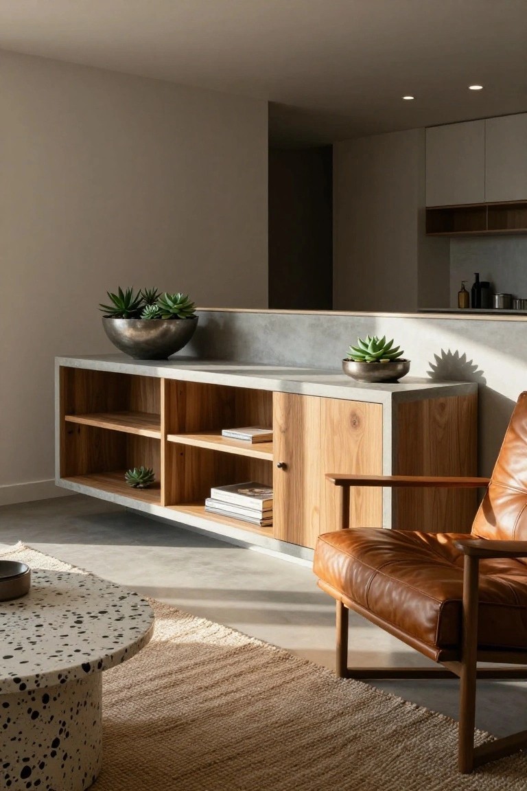 A long wooden sideboard with open shelves and one cabinet door stands against a wall, topped with potted plants and stacked books, next to a brown leather chair in a modern living room.