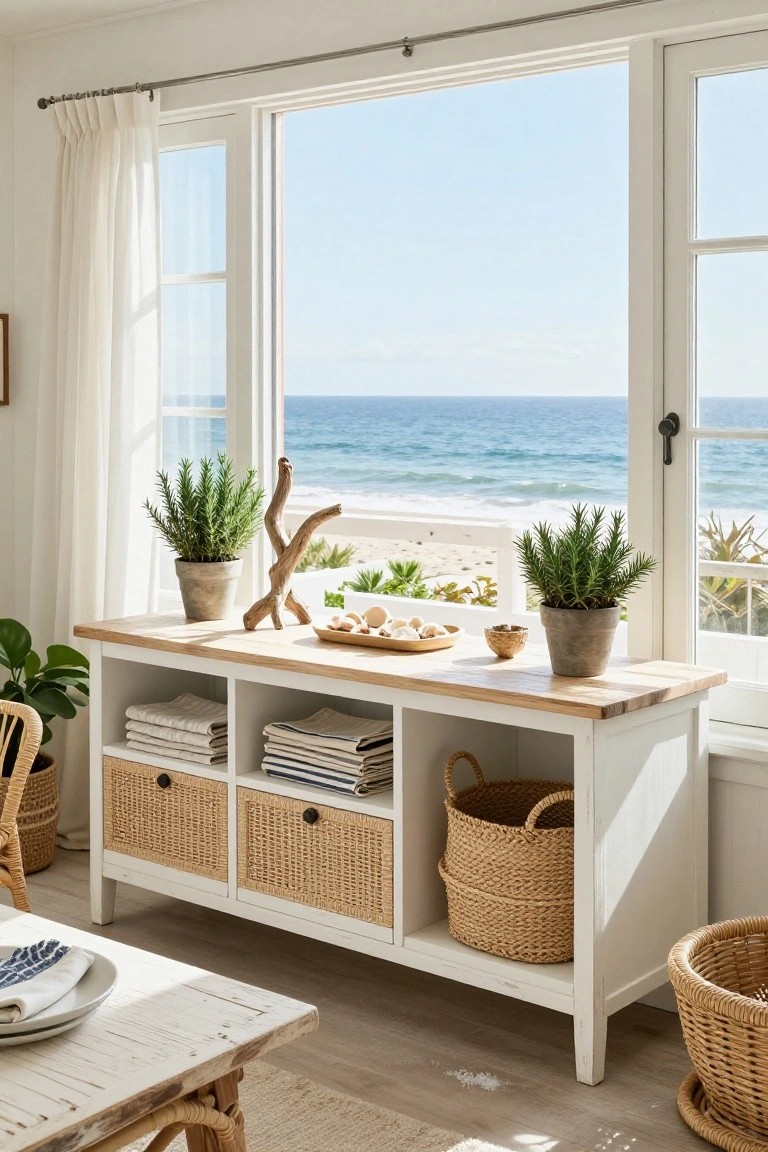 Bright coastal console by ocean window with woven baskets and greenery.