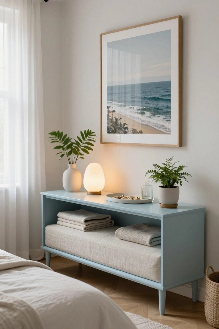 A light blue sideboard with open lower storage used as a bench holding folded linens, styled on top with a lit lamp, vases, and small plants.