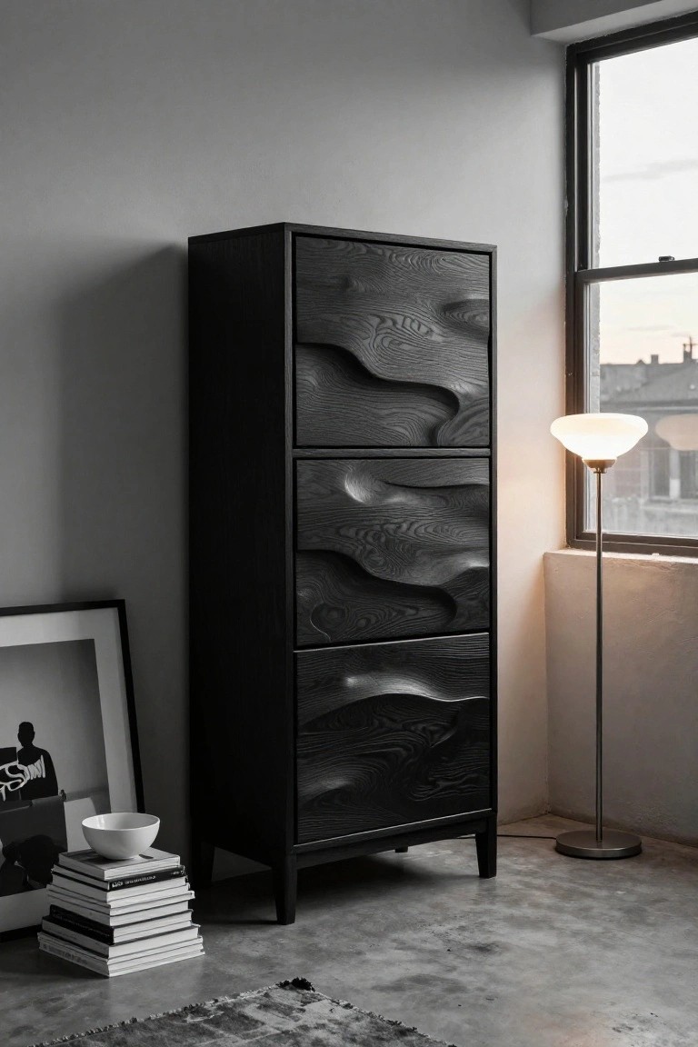 A tall black wooden sideboard with three drawers featuring carved wavy patterns stands against a gray wall next to a floor lamp and a stack of books.
